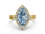 Yellow gold Fancy Blue Marquise Cut Halo Round Diamond Twist Band with Four-Prong Setting