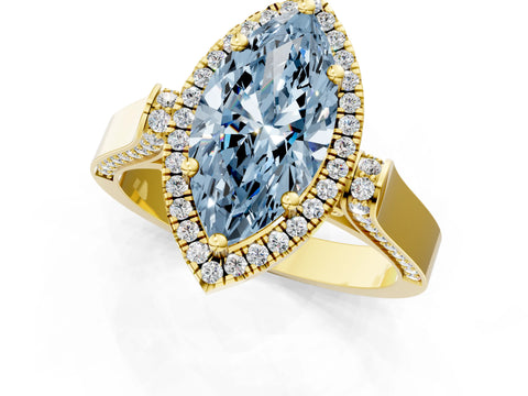 Yellow gold Fancy Blue Marquise Cut Halo Round Diamond Twist Band with Four-Prong Setting_1