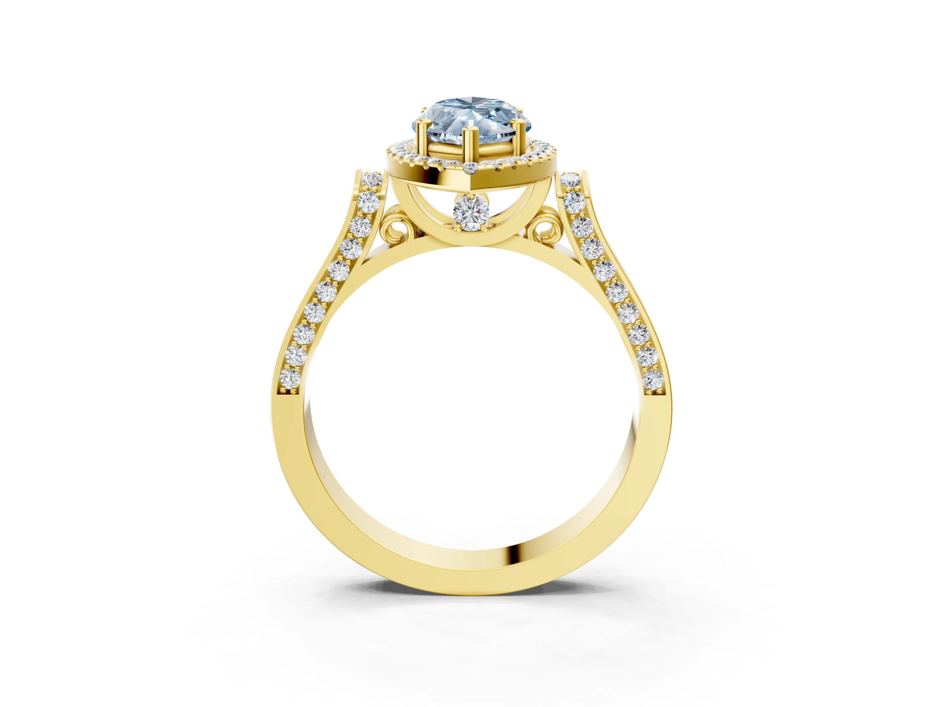 Yellow gold Fancy Blue Marquise Cut Halo Round Diamond Twist Band with Four-Prong Setting_3