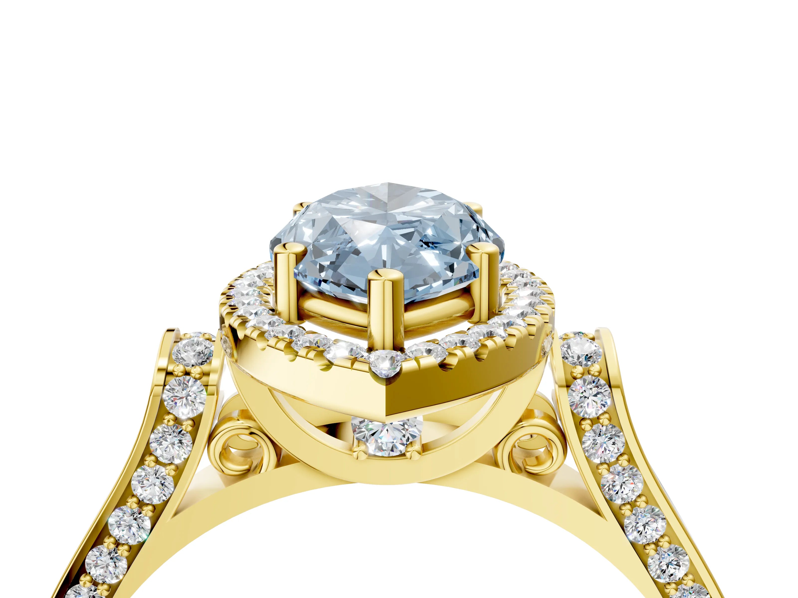 Yellow gold Fancy Blue Marquise Cut Halo Round Diamond Twist Band with Four-Prong Setting_4
