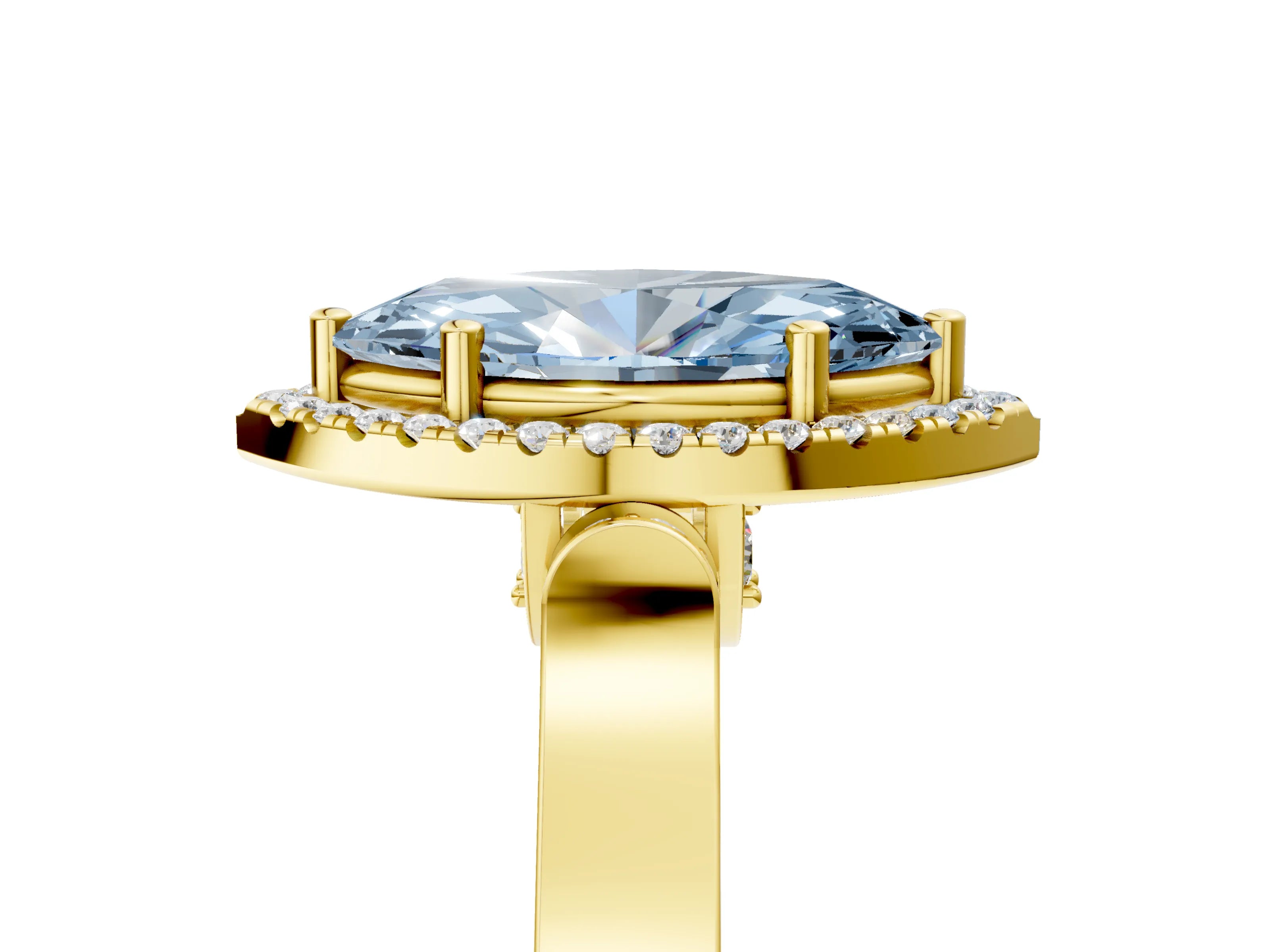 Yellow gold Fancy Blue Marquise Cut Halo Round Diamond Twist Band with Four-Prong Setting_5