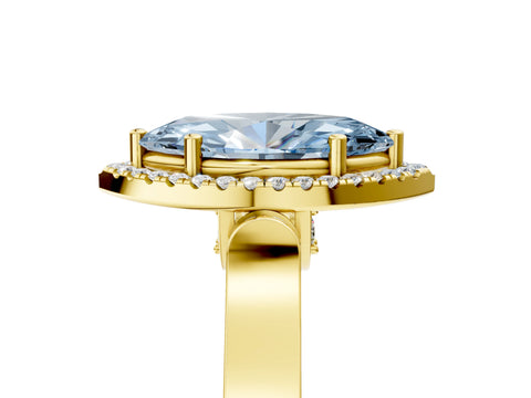 Yellow gold Fancy Blue Marquise Cut Halo Round Diamond Twist Band with Four-Prong Setting_5