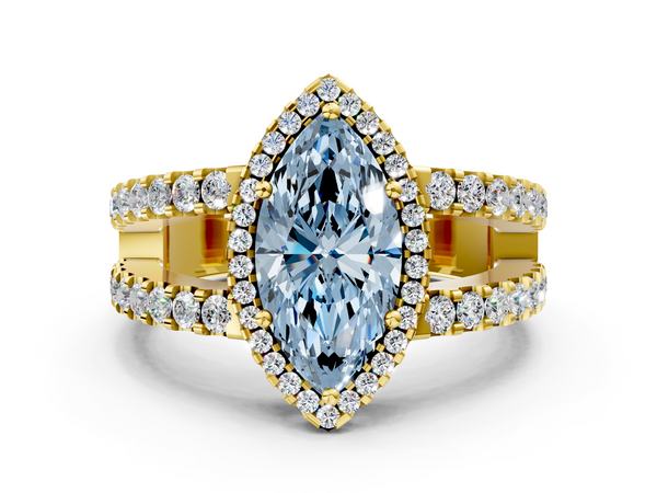 Yellow gold Fancy Blue Marquise  Cut Halo Split Shank Diamond Ring with Four-Prong Setting