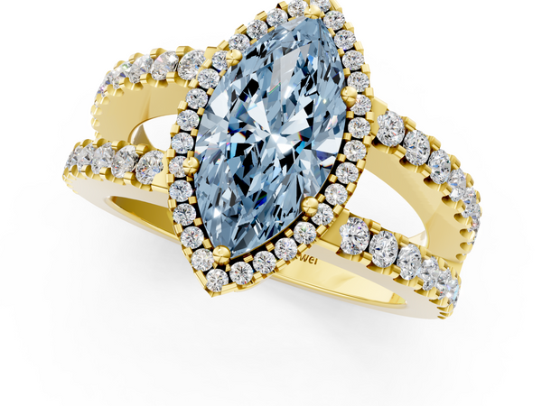 Yellow gold Fancy Blue Marquise  Cut Halo Split Shank Diamond Ring with Four-Prong Setting