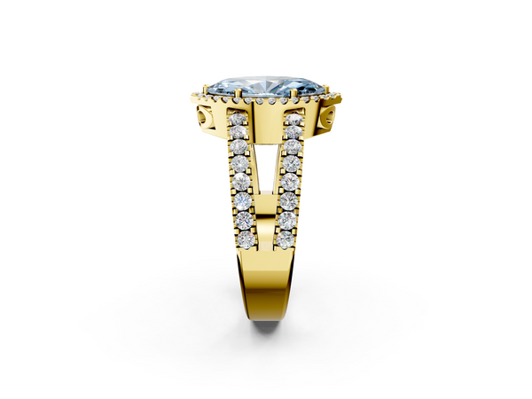 Yellow gold Fancy Blue Marquise  Cut Halo Split Shank Diamond Ring with Four-Prong Setting