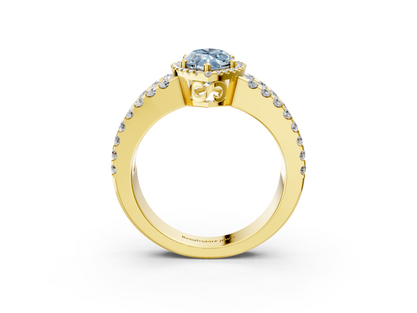 Yellow gold Fancy Blue Marquise  Cut Halo Split Shank Diamond Ring with Four-Prong Setting