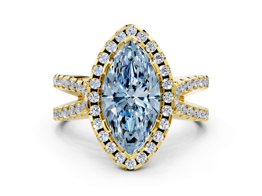 Yellow gold Fancy Blue Marquise  Cut Halo Split Shank Pave Set Ring_63