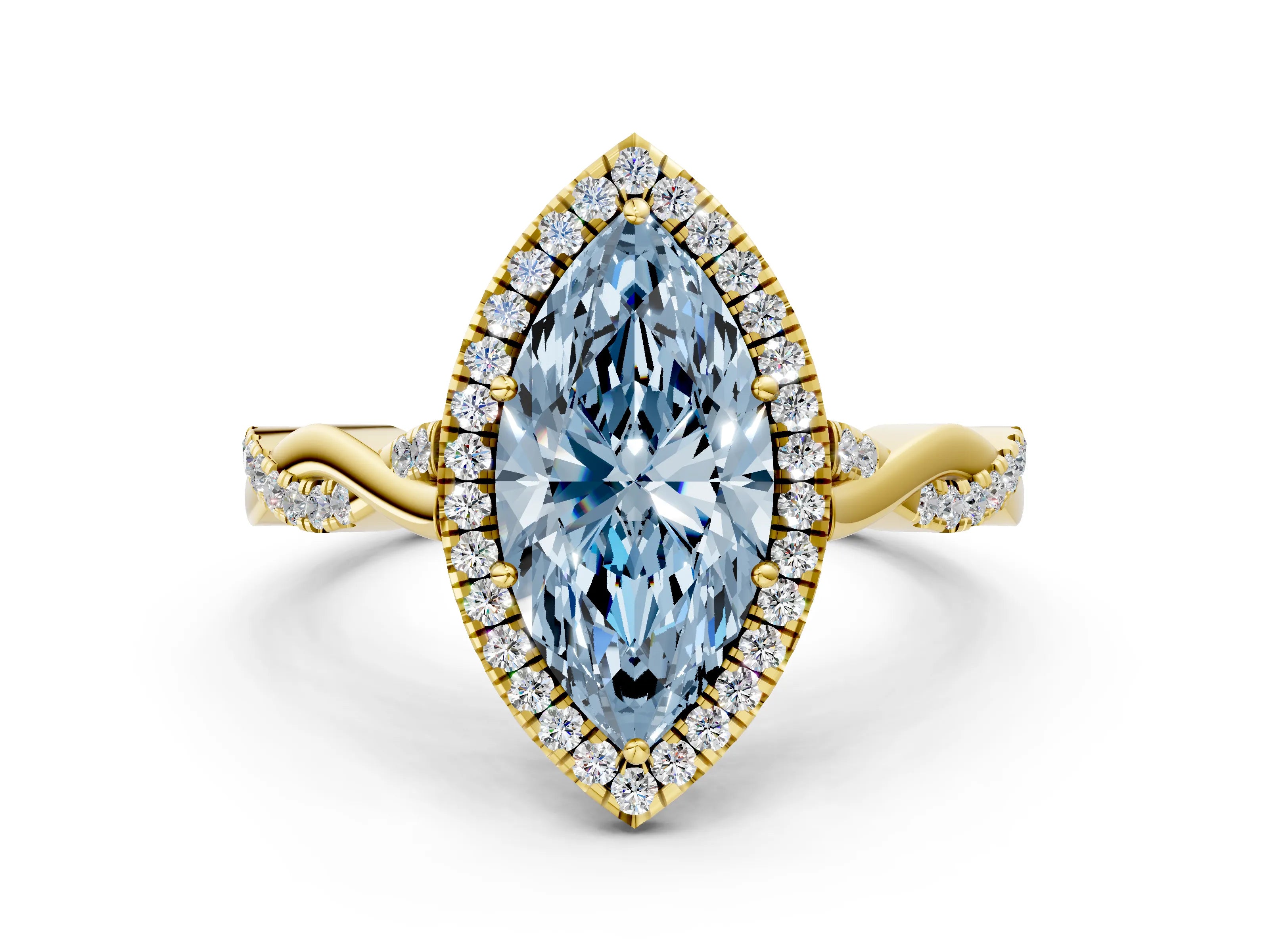 Yellow gold Fancy Blue Marquise Cut Halo Twist Band with Four-Prong Setting