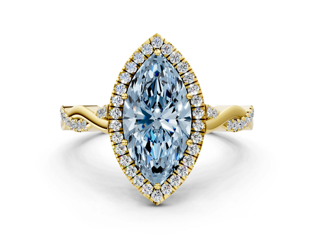 Yellow gold Fancy Blue Marquise Cut Halo Twist Band with Four-Prong Setting_12