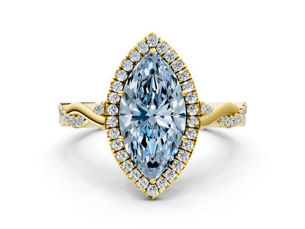 Yellow Gold Marquise Interwoven Twist Halo Engagement Ring Setting for Fancy Blue Center
