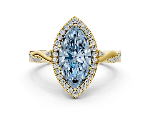 Yellow gold Fancy Blue Marquise Cut Halo Twist Band with Four-Prong Setting_12