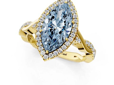Yellow gold Fancy Blue Marquise Cut Halo Twist Band with Four-Prong Setting_1