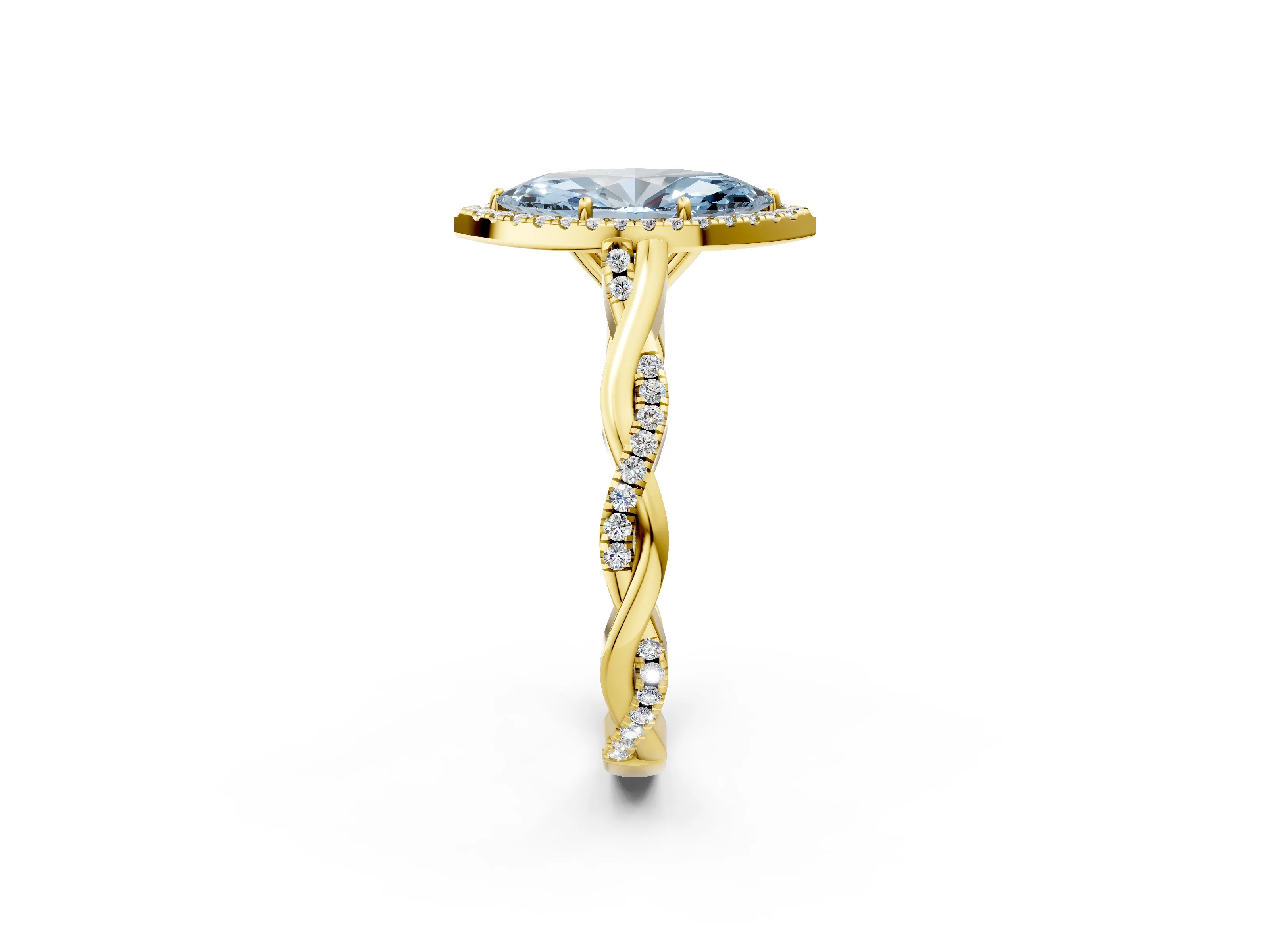 Yellow gold Fancy Blue Marquise Cut Halo Twist Band with Four-Prong Setting_2