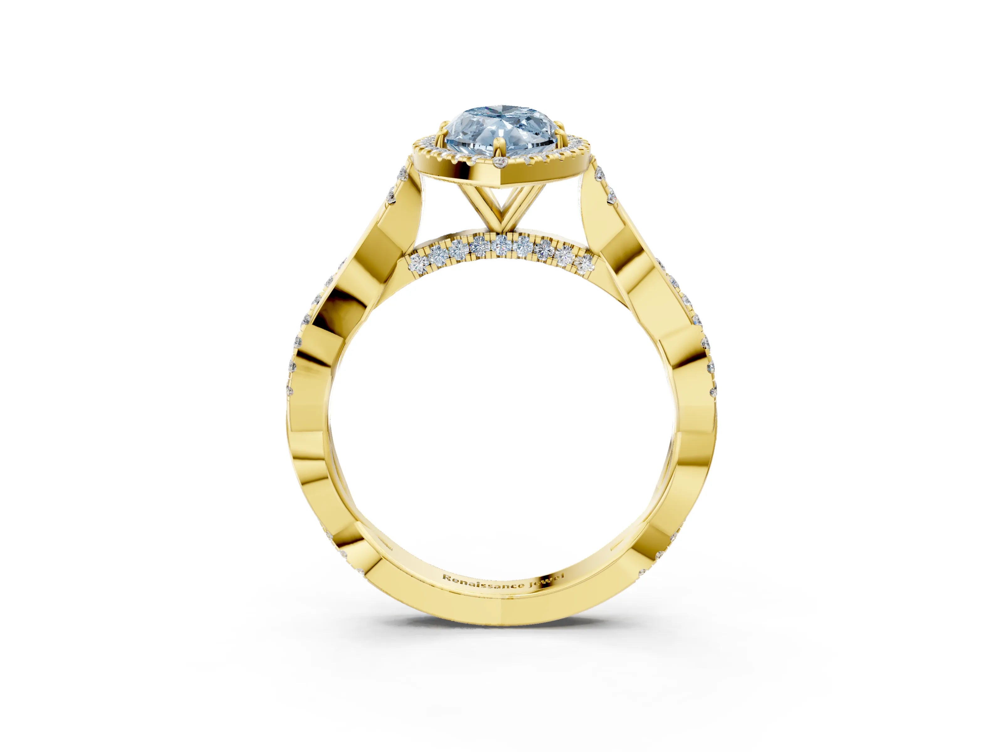 Yellow gold Fancy Blue Marquise Cut Halo Twist Band with Four-Prong Setting_3