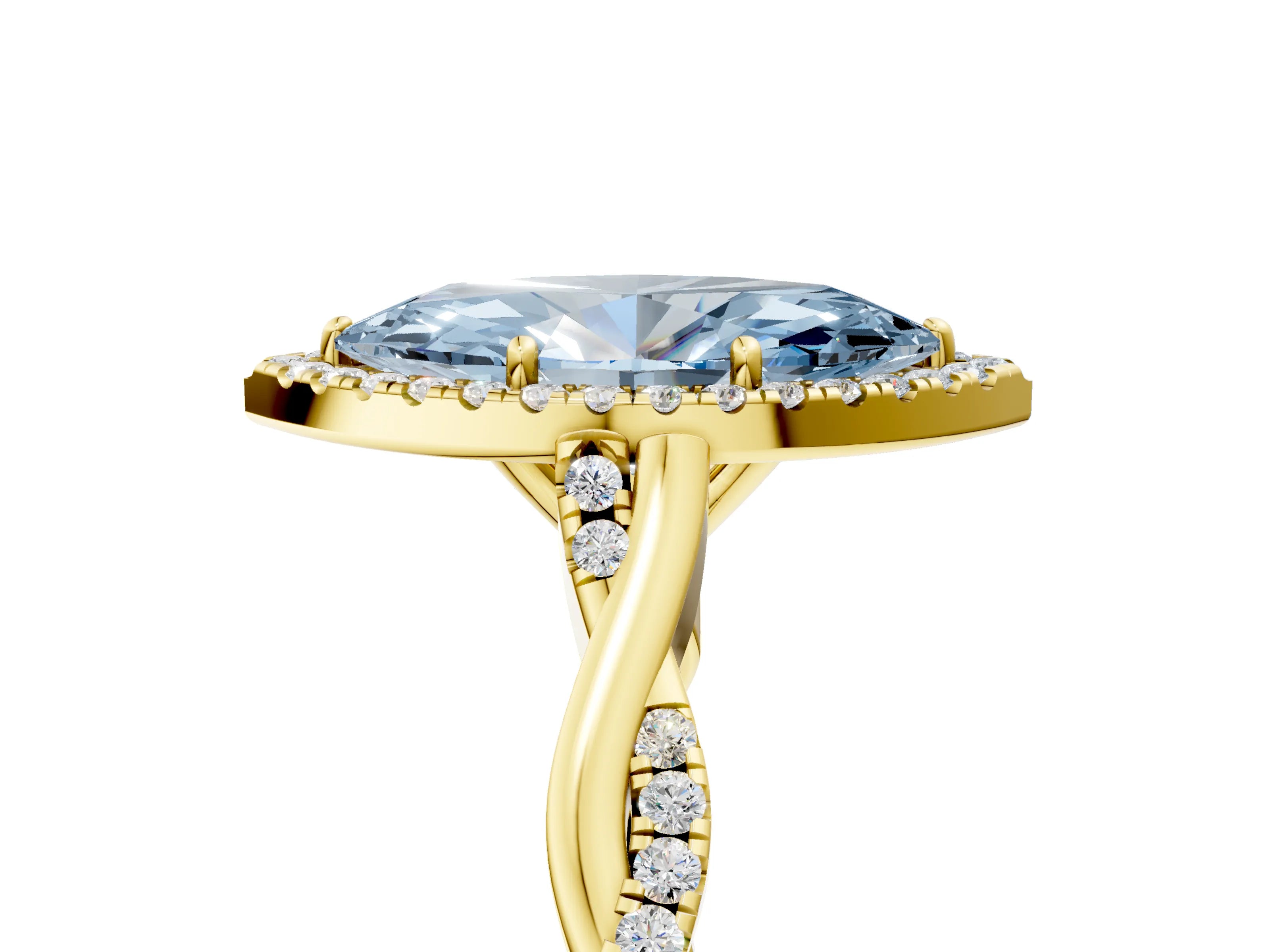 Yellow gold Fancy Blue Marquise Cut Halo Twist Band with Four-Prong Setting_5