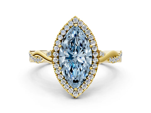 Yellow gold Fancy Blue Marquise Cut Halo Twist Band with Four-Prong Setting