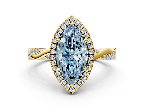 Yellow gold Fancy Blue Marquise  Cut Halo Twisted Band Four-Prong Ring