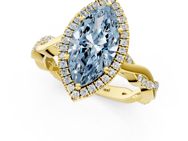 Yellow gold Fancy Blue Marquise  Cut Halo Twisted Band Four-Prong Ring