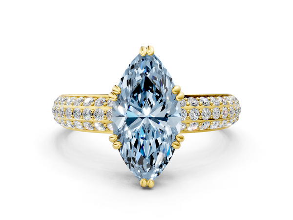 Yellow gold Fancy Blue Marquise  Cut Pave Diamond Engagement Ring with Channel Set Band and Four-Prong Setting