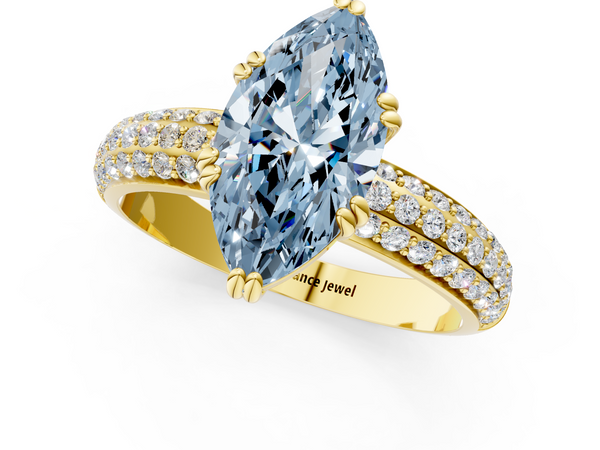 Yellow gold Fancy Blue Marquise  Cut Pave Diamond Engagement Ring with Channel Set Band and Four-Prong Setting