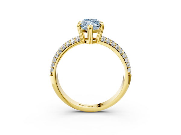 Yellow gold Fancy Blue Marquise  Cut Pave Diamond Engagement Ring with Channel Set Band and Four-Prong Setting