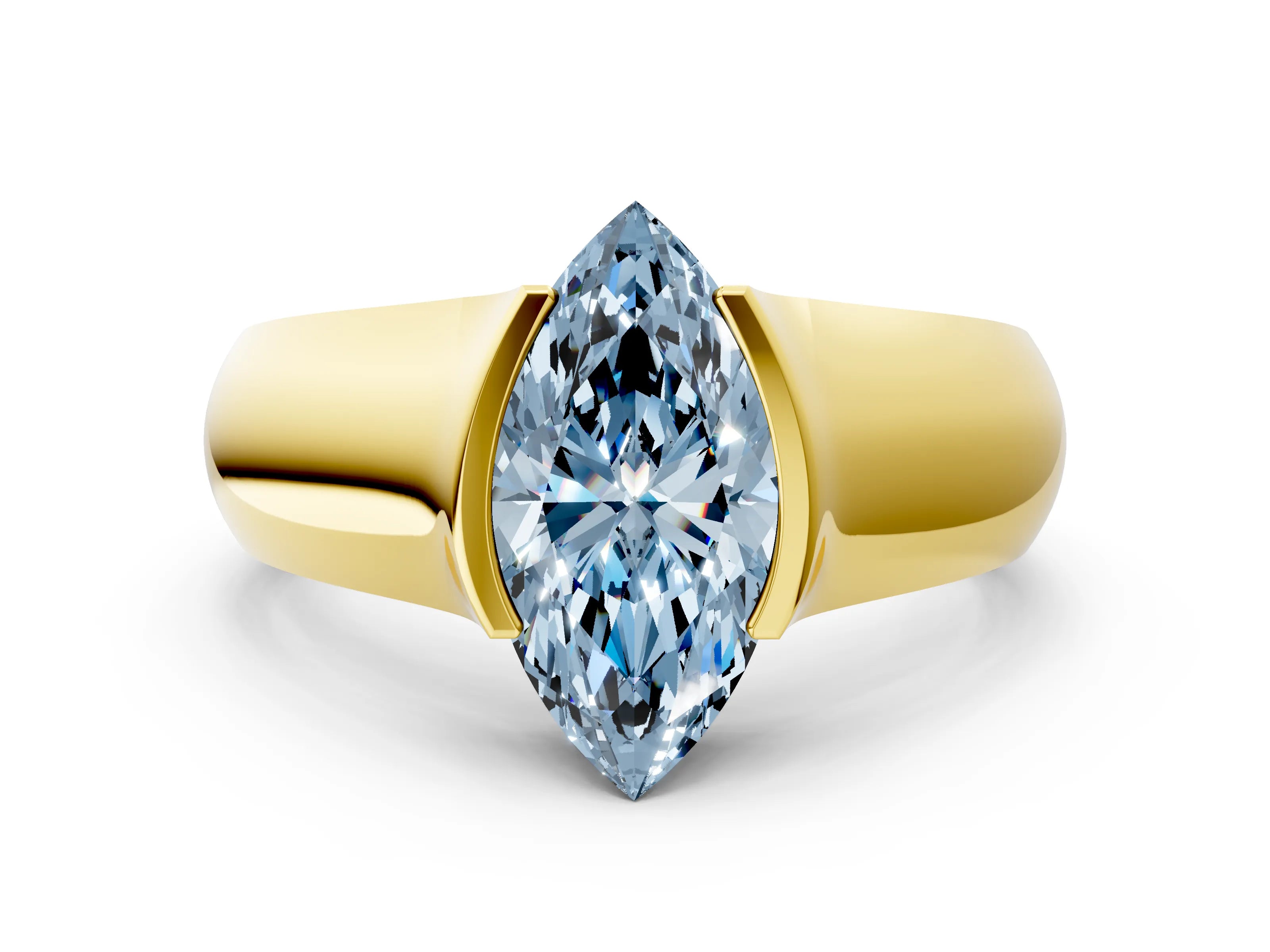 Yellow gold Fancy Blue Marquise Cut Solitaire Bezel Set Diamond Ring with Wide Band
