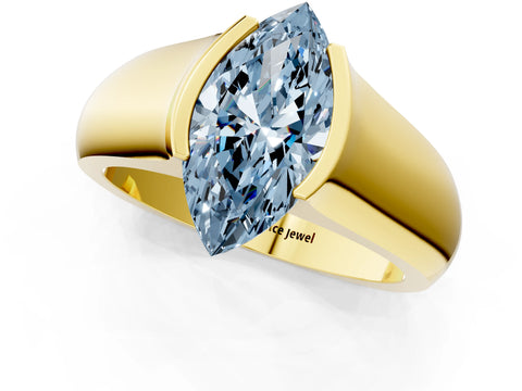 Yellow gold Fancy Blue Marquise Cut Solitaire Bezel Set Diamond Ring with Wide Band_1