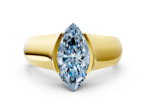 Yellow gold Fancy Blue Marquise Cut Solitaire Bezel Set Diamond Ring with Wide Band