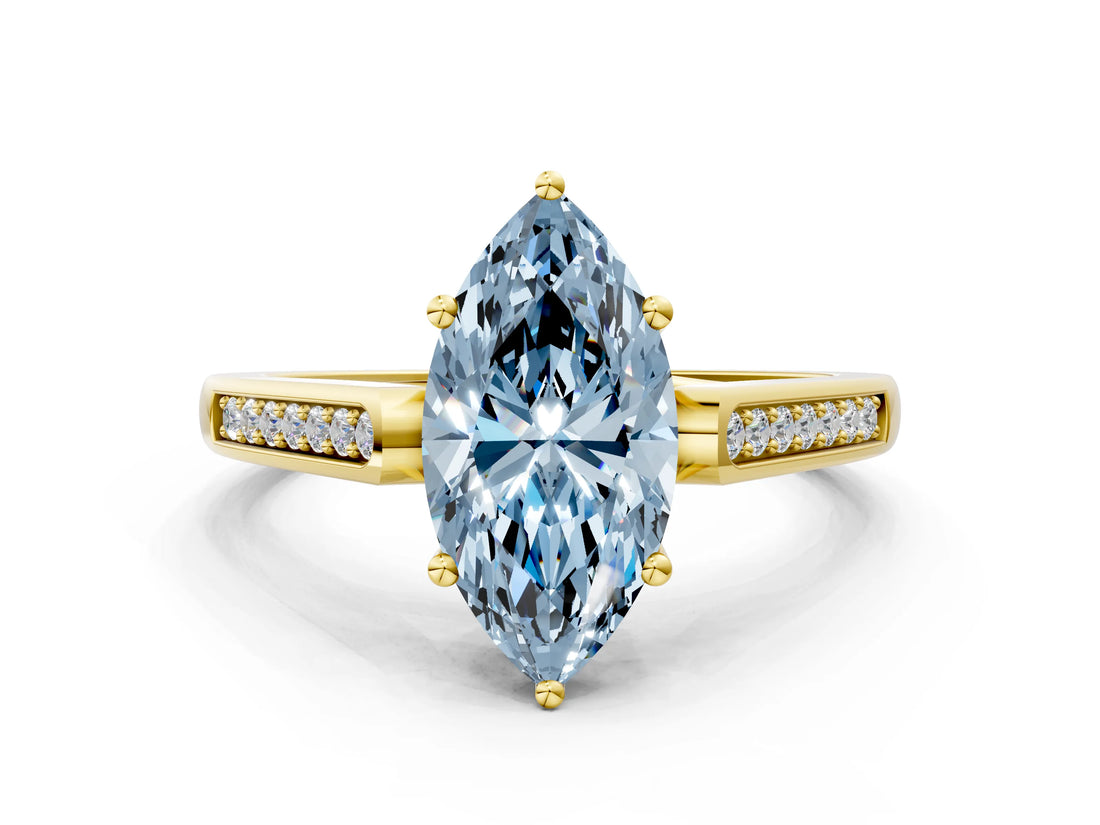 Yellow gold Fancy Blue Marquise Cut Solitaire Cathedral Diamond Engagement Ring with Channel-Set Band and Four-Prong Setting_3