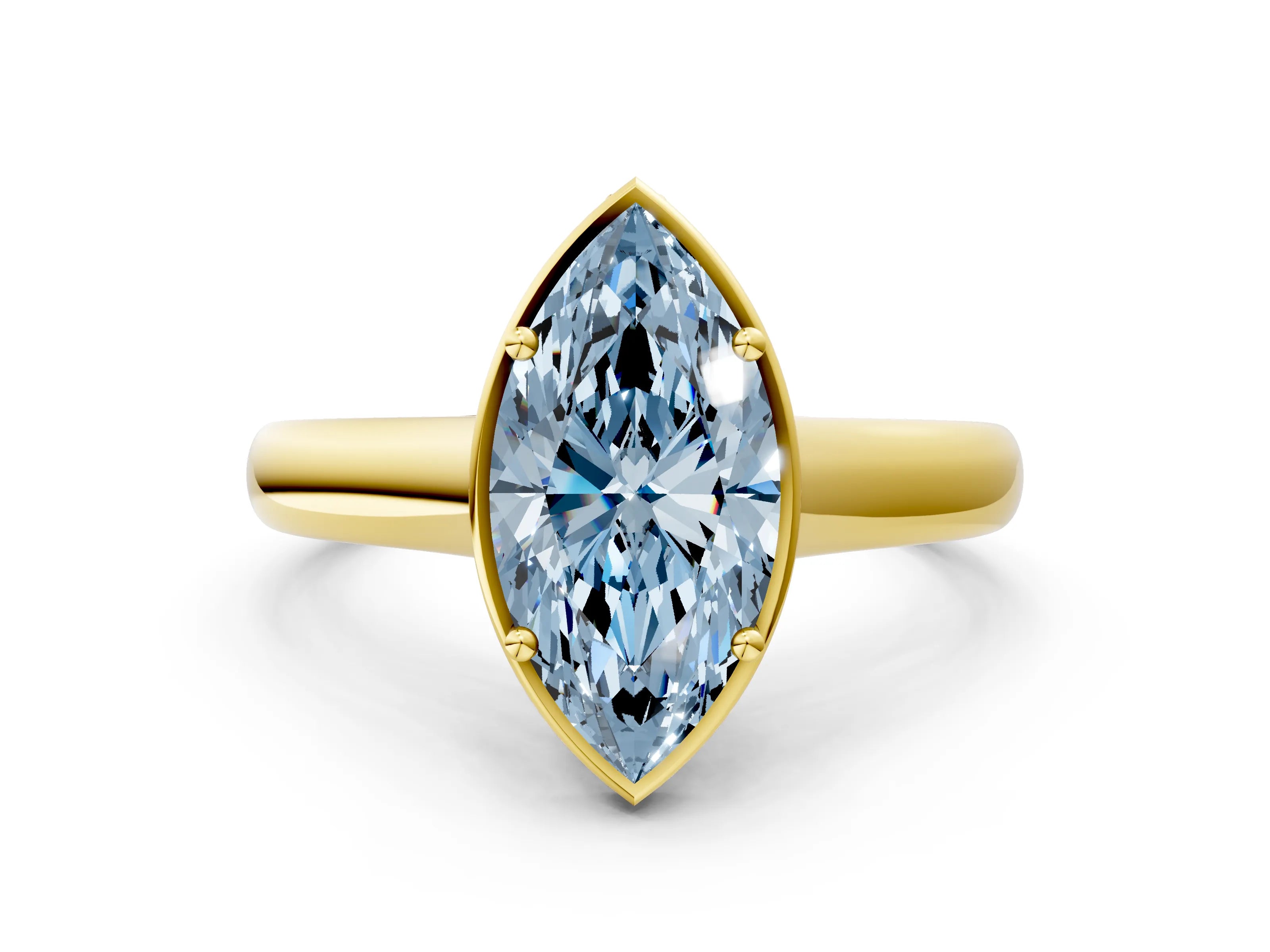 Yellow gold Fancy Blue Marquise Cut Solitaire Diamond Engagement Ring with Four-Prong Setting and Tapered Band