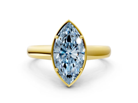 Yellow gold Fancy Blue Marquise Cut Solitaire Diamond Engagement Ring with Four-Prong Setting and Tapered Band