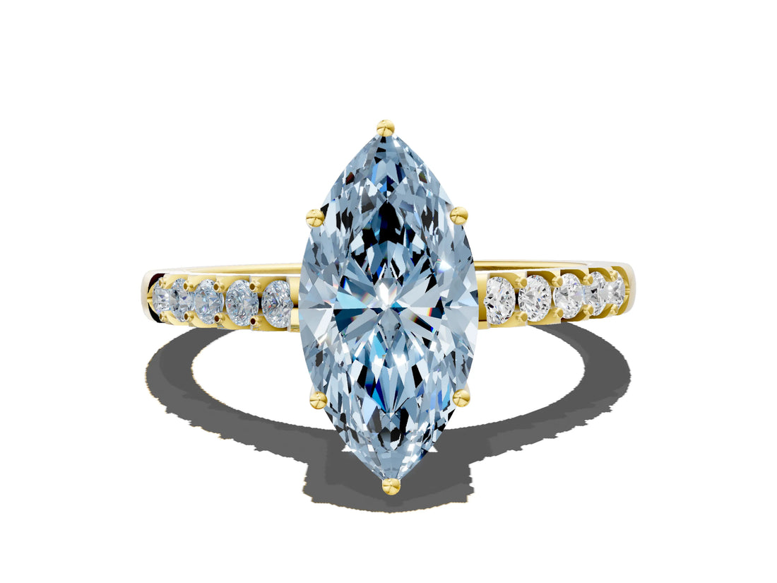Yellow gold Fancy Blue Marquise Cut Solitaire Diamond Engagement Ring with Pavé Band and Six-Prong Setting_12