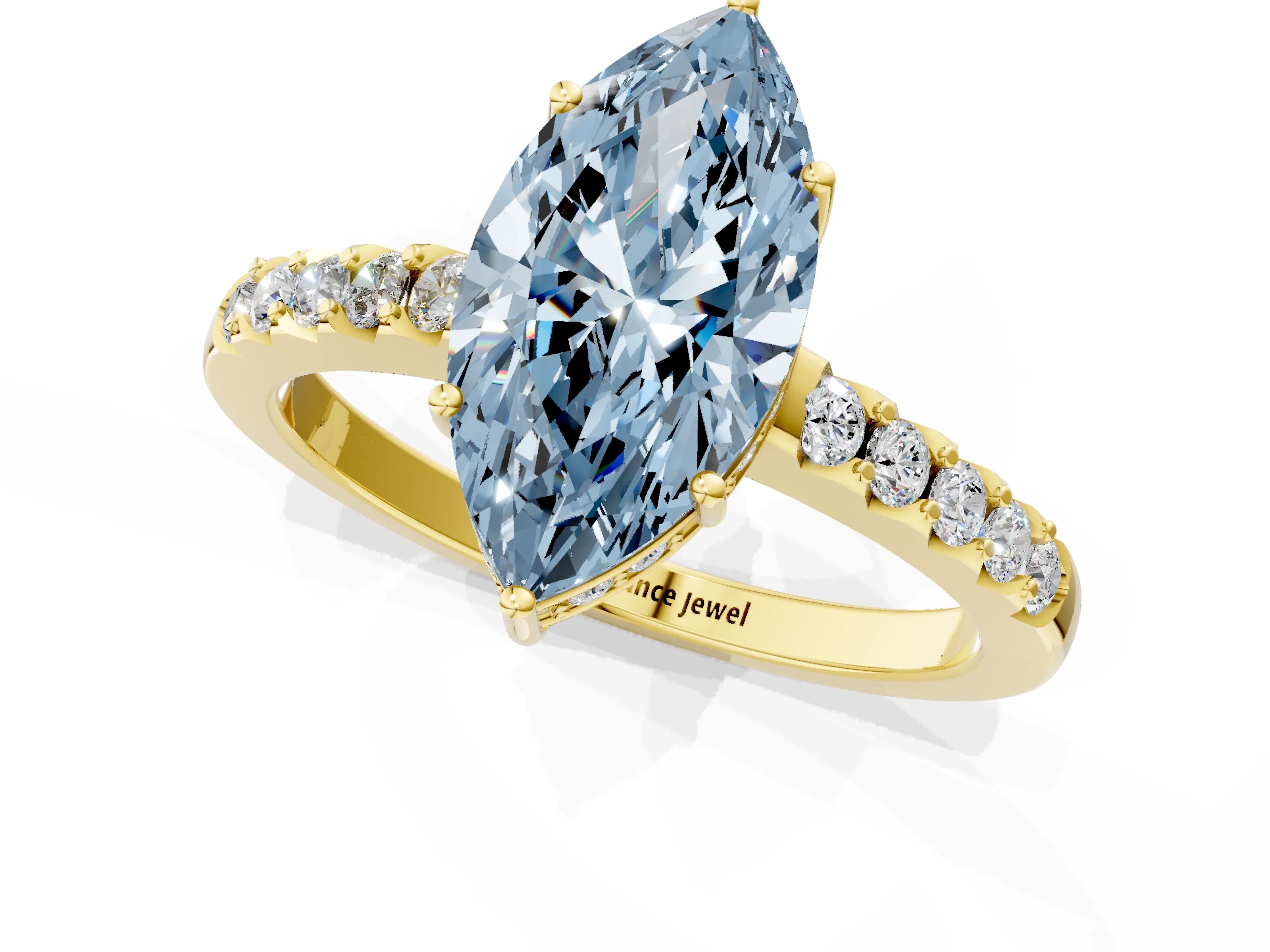 Yellow gold Fancy Blue Marquise Cut Solitaire Diamond Engagement Ring with Pavé Band and Six-Prong Setting_13