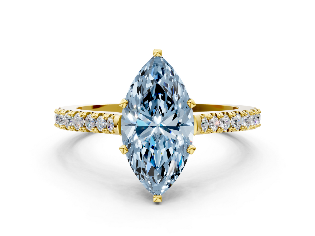 Yellow gold Fancy Blue Marquise  Cut Solitaire Diamond Engagement Ring with Pave Band and Four-Prong Setting_165