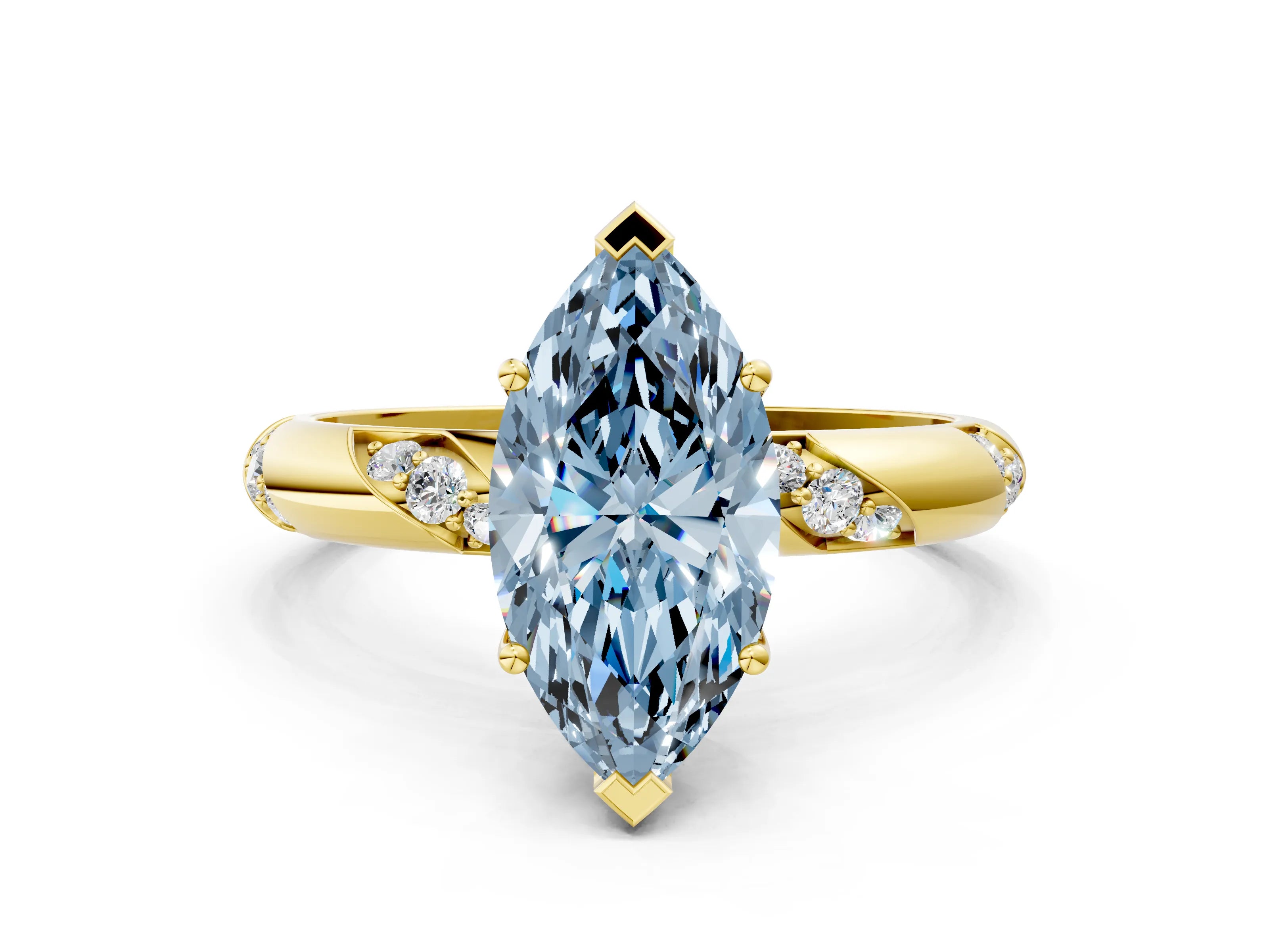 Yellow gold Fancy Blue Marquise Cut Solitaire Diamond Engagement Ring with Twisted Pave Band and Four-Prong Setting_3