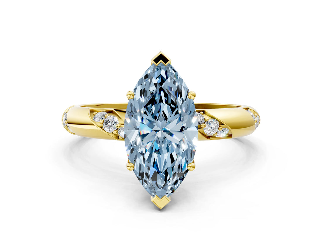 Yellow gold Fancy Blue Marquise Cut Solitaire Diamond Engagement Ring with Twisted Pave Band and Four-Prong Setting_3