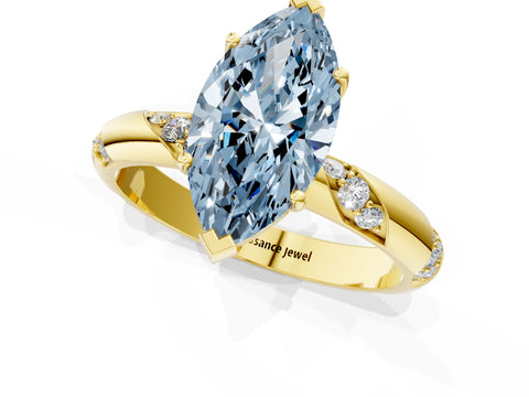 Yellow gold Fancy Blue Marquise Cut Solitaire Diamond Engagement Ring with Twisted Pave Band and Four-Prong Setting_4