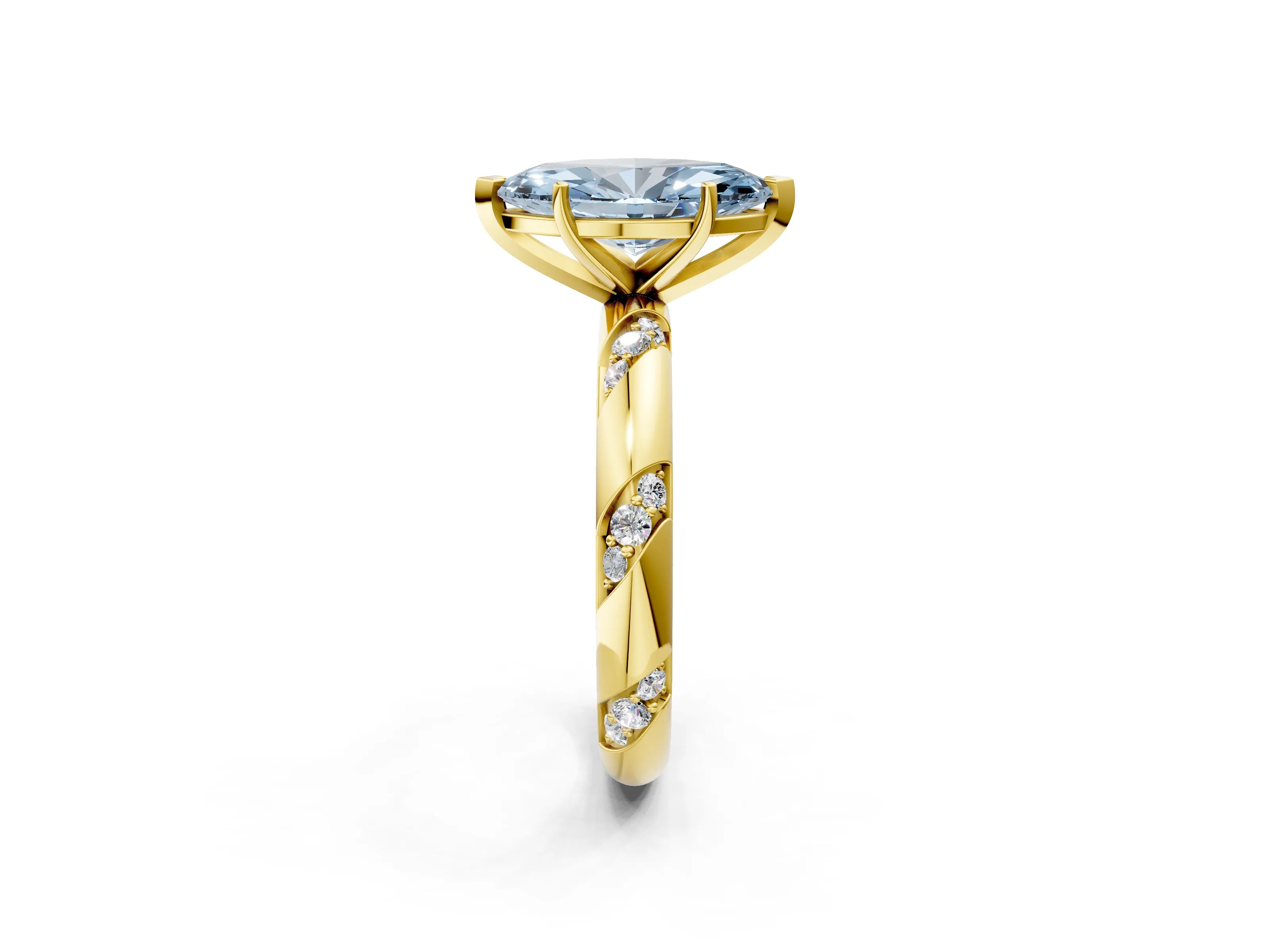 Yellow gold Fancy Blue Marquise Cut Solitaire Diamond Engagement Ring with Twisted Pave Band and Four-Prong Setting_5