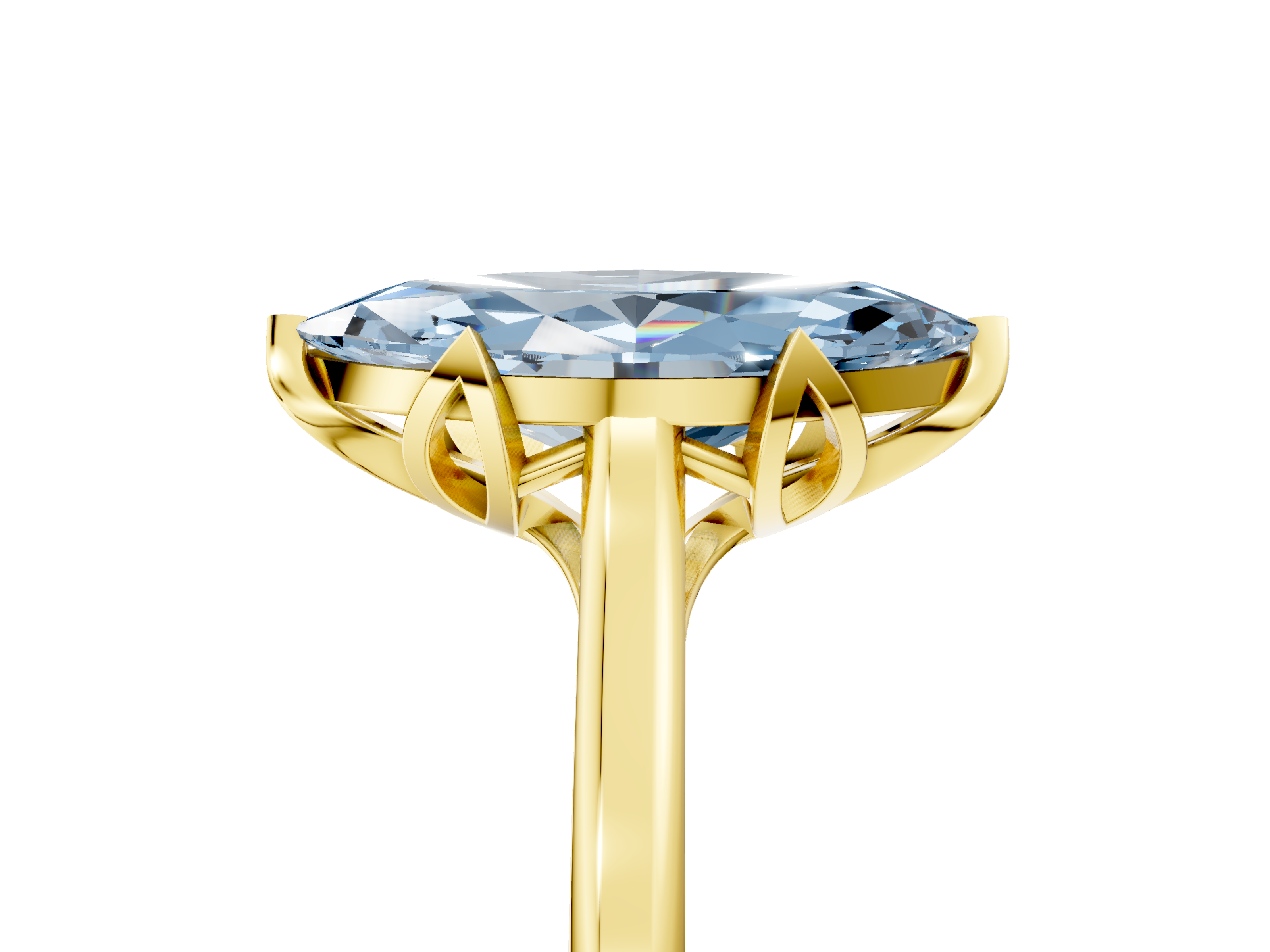 Yellow gold Fancy Blue Marquise  Cut Solitaire Diamond Ring with Flower-Prong Setting and Classic Band_48