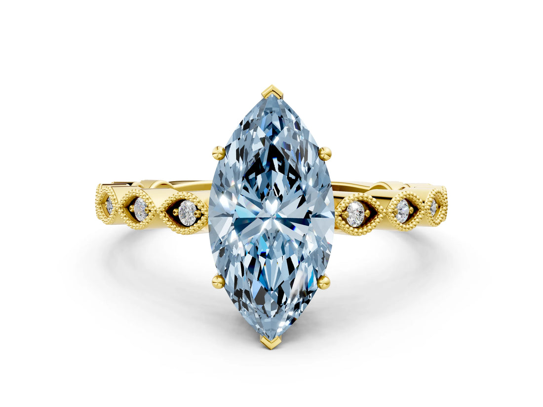 Yellow gold Fancy Blue Marquise Cut Solitaire Diamond Ring with Infinity Twist Band and Four-Prong Setting_24