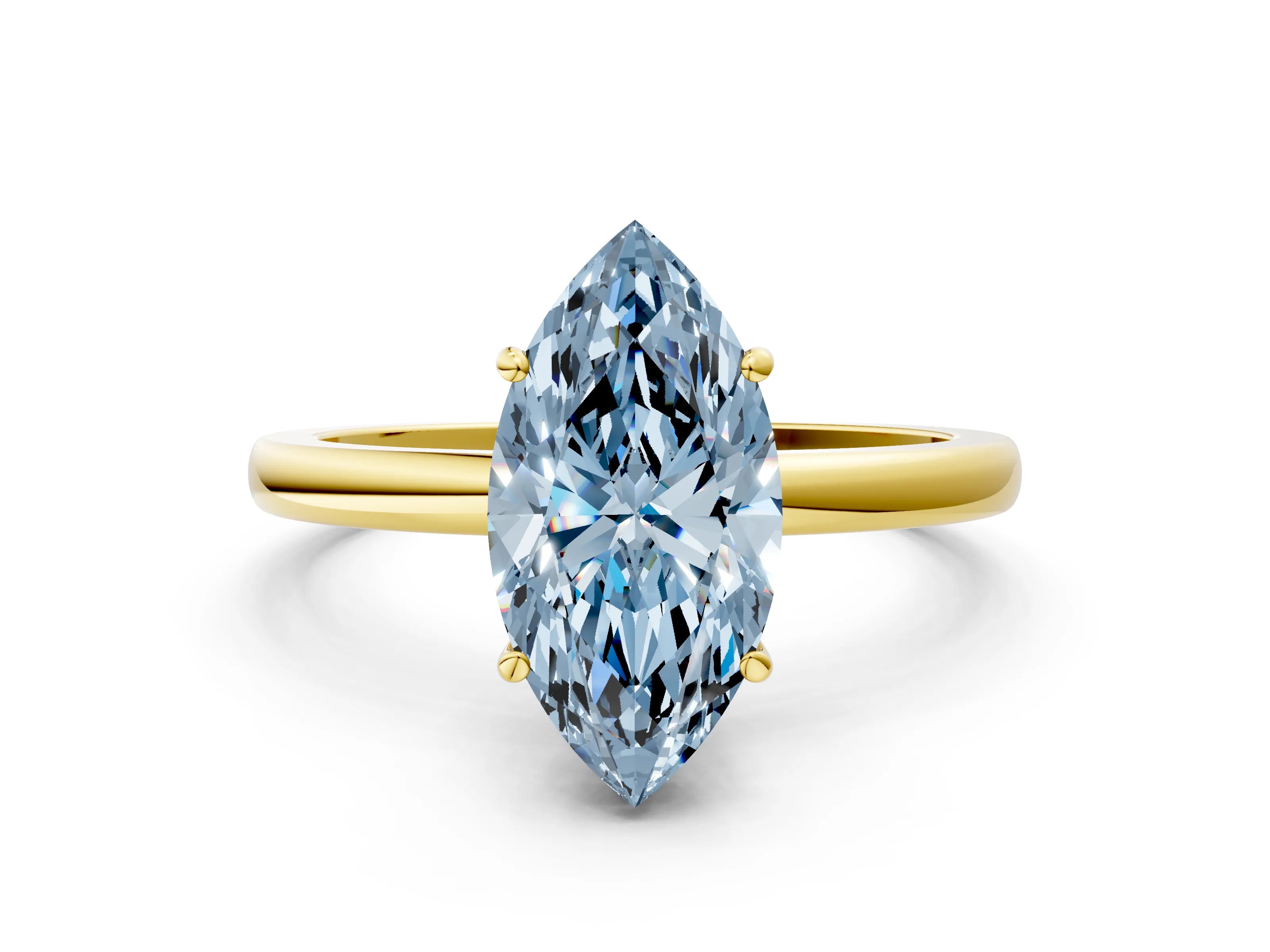 Yellow gold Fancy Blue Marquise Cut Solitaire Diamond Ring with Prong Setting and Plain Band