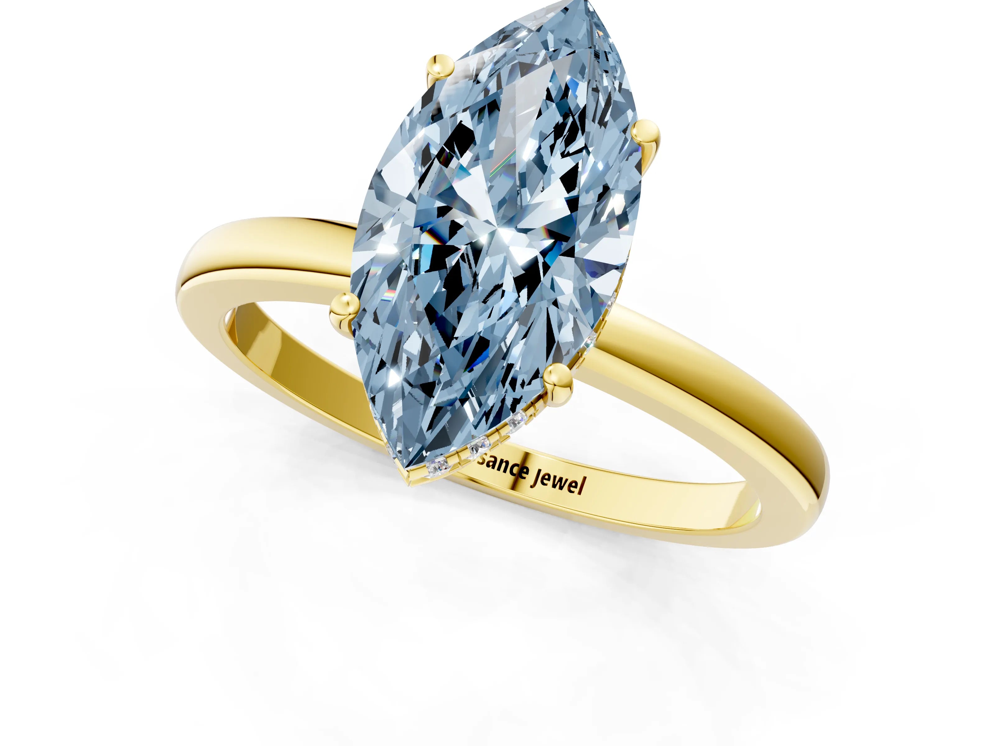 Yellow gold Fancy Blue Marquise Cut Solitaire Diamond Ring with Prong Setting and Plain Band_1