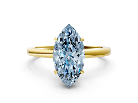 Yellow gold Fancy Blue Marquise Cut Solitaire Diamond Ring with Prong Setting and Plain Band
