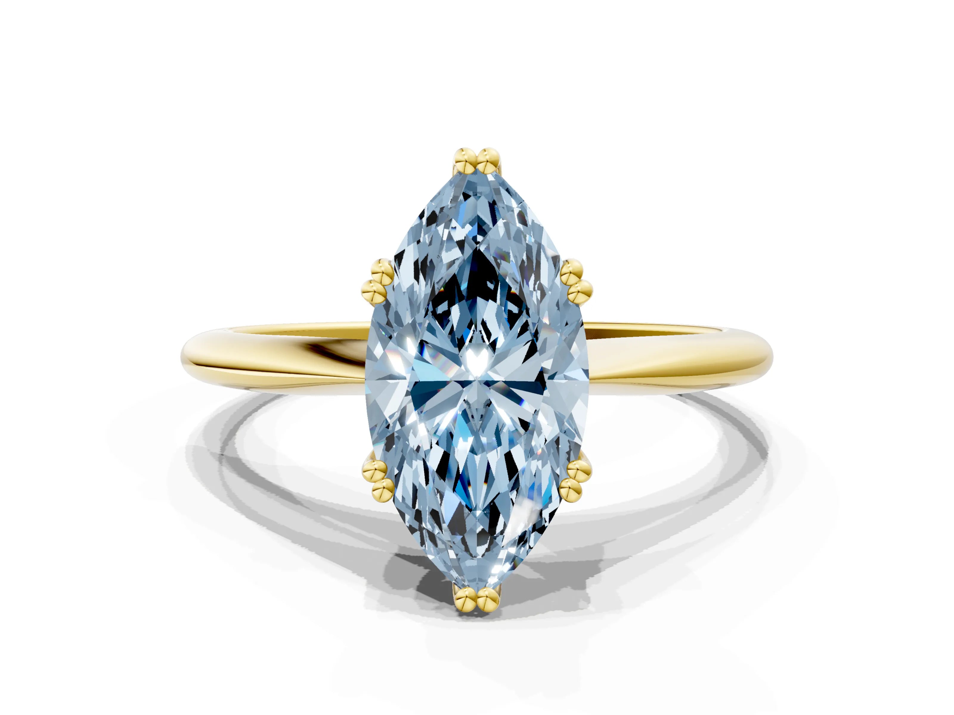 Yellow gold Fancy Blue Marquise Cut Solitaire Diamond Ring with Six-Prong Setting and Classic Band