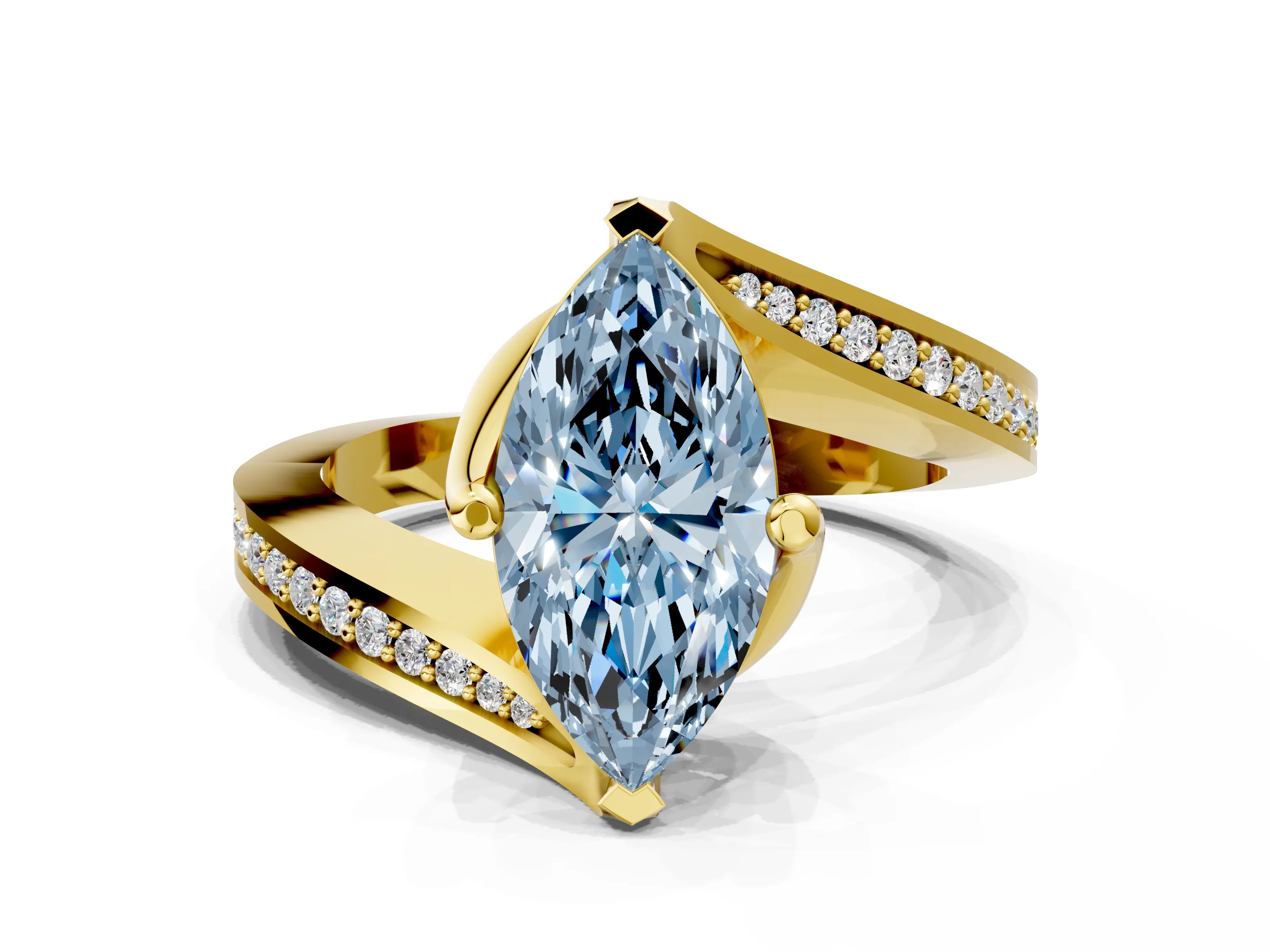 Yellow gold Fancy Blue Marquise Cut Solitaire Diamond Twist Band with Pavé Setting and Four-Prong Setting