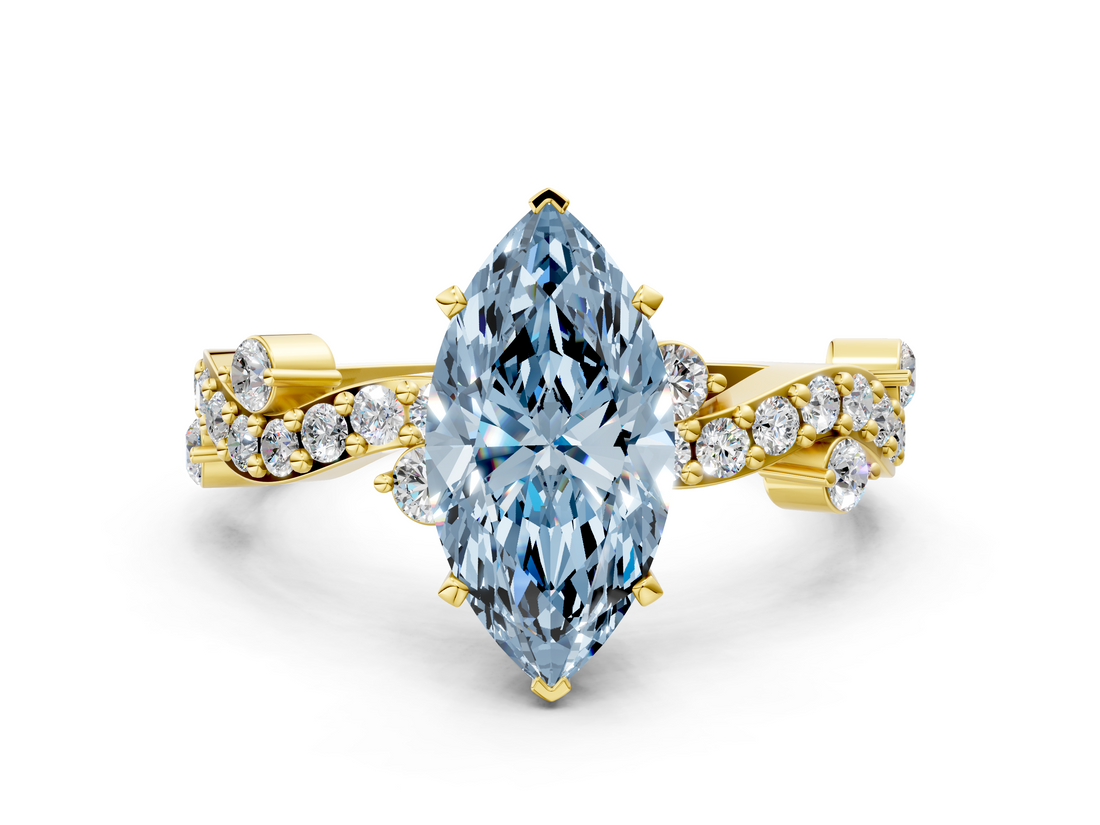 Yellow gold Fancy Blue Marquise  Cut Solitaire Diamond Twisted Band with Pave Setting_62