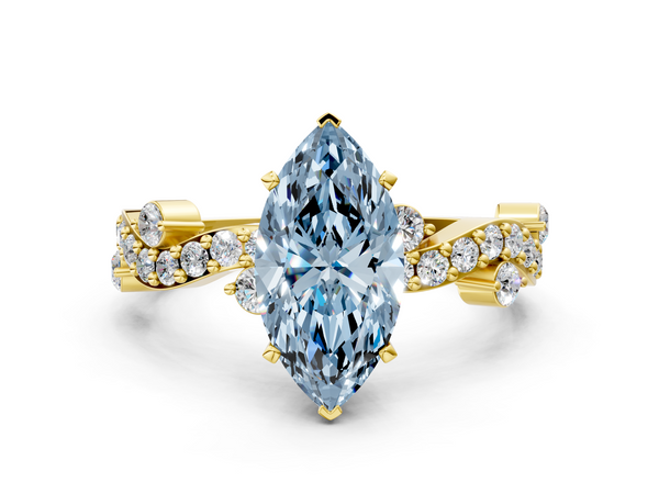 Yellow gold Fancy Blue Marquise  Cut Solitaire Diamond Twisted Band with Pave Setting