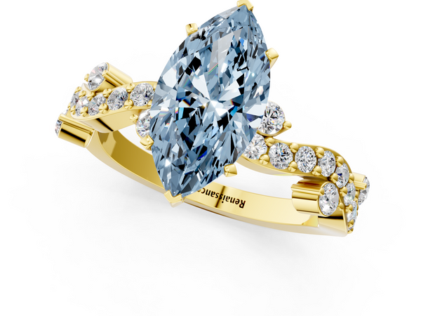 Yellow gold Fancy Blue Marquise  Cut Solitaire Diamond Twisted Band with Pave Setting