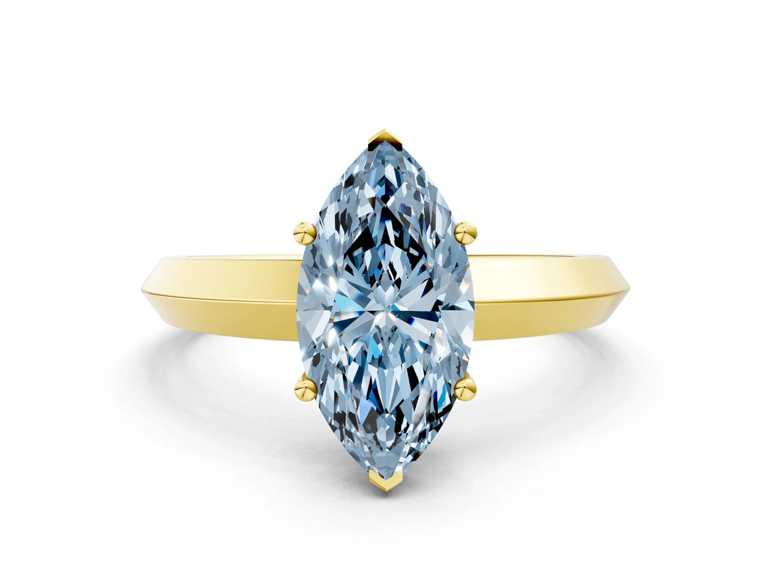 Yellow gold Fancy Blue Marquise  Cut Solitaire Engagement Ring with Flat Band and Four-Prong Setting