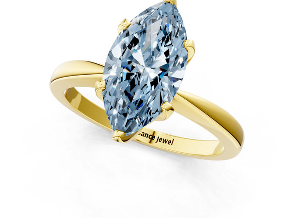 Yellow gold Fancy Blue Marquise Cut Solitaire Engagement Ring with Six-Prong Setting and Tapered Band